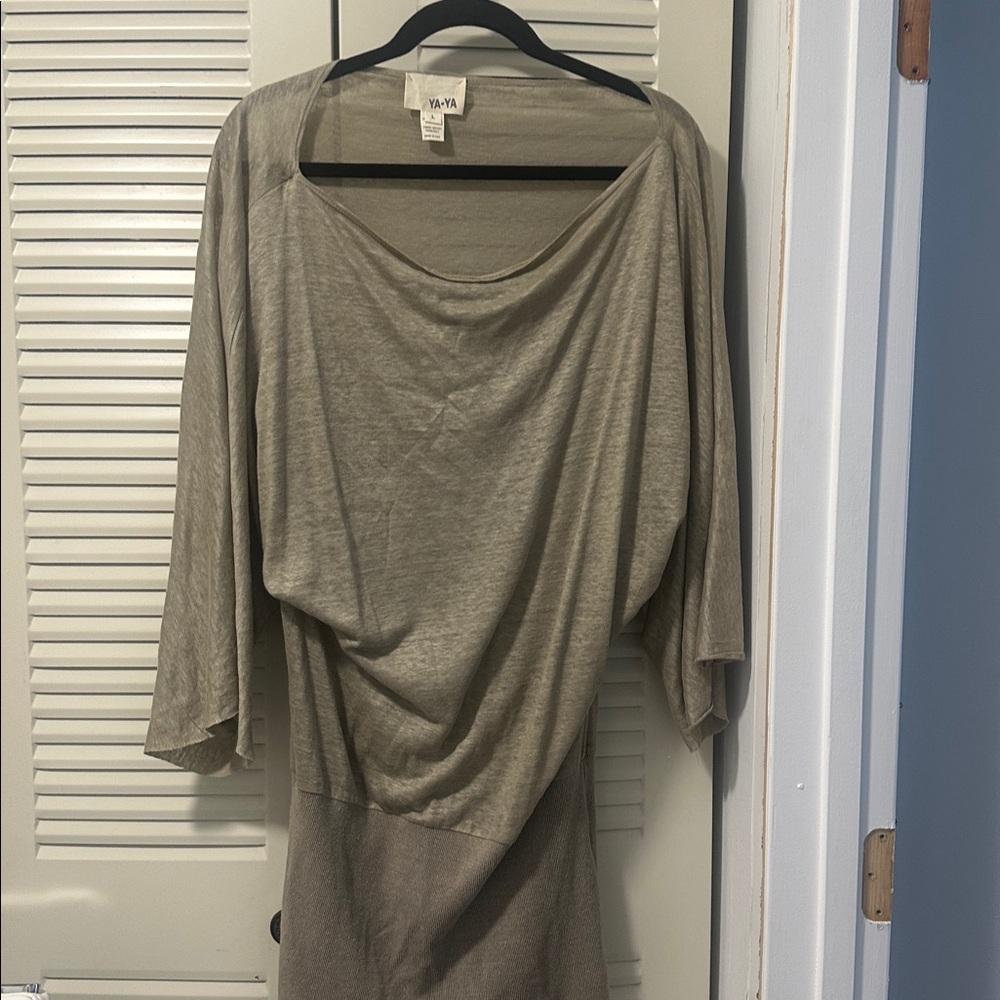 Beige Draped Long Sleeve Top off shoulder dress
Great with tights and high boots